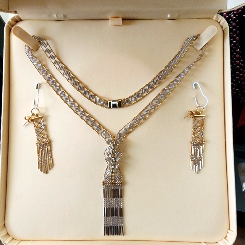 14KT 2-TONE TIE STYLE NECKLACE & EARRINGS